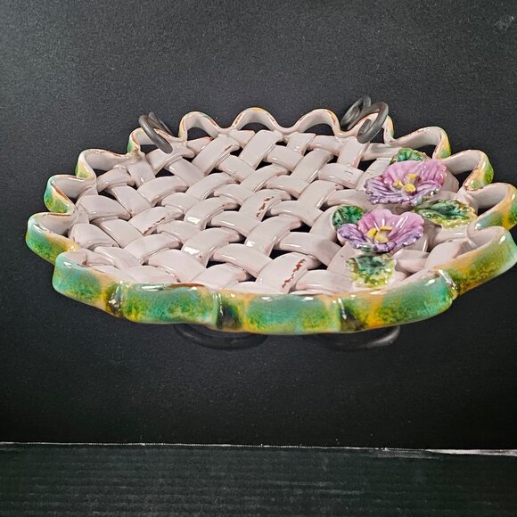 Vintage Italy Majolica Handcrafted Open Weave Ceramic Shallow Bowl Purple Floral - Picture 3 of 12